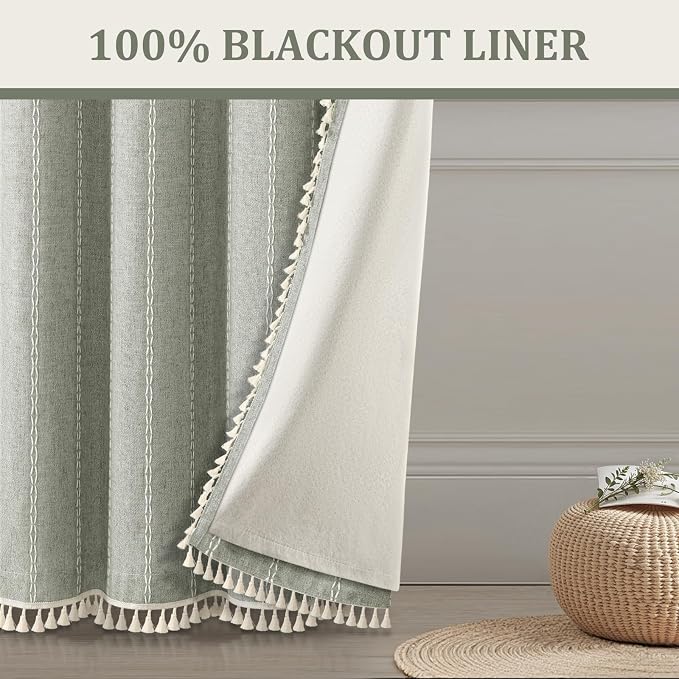 Boho Blackout Curtains 90 Inches Long Sage Green Linen Blend 2 Panels - Image 2