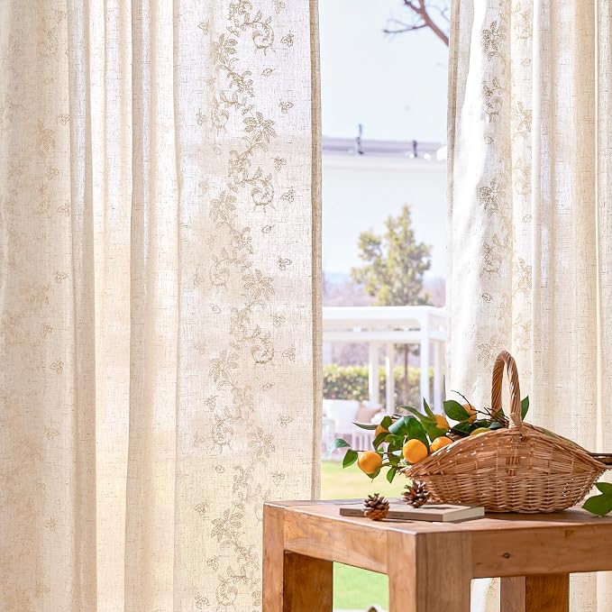 jinchan Evelyn Embroidered Linen Curtains 63 inch Floral Curtains - Image 3