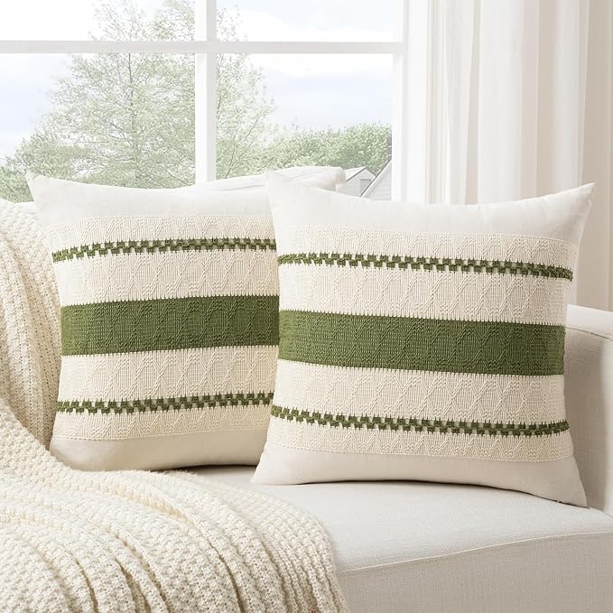 Fancy Homi Set of 1 Boho Moss Green Decorative Throw Pillow Cover 20x20 Inch - Image 2