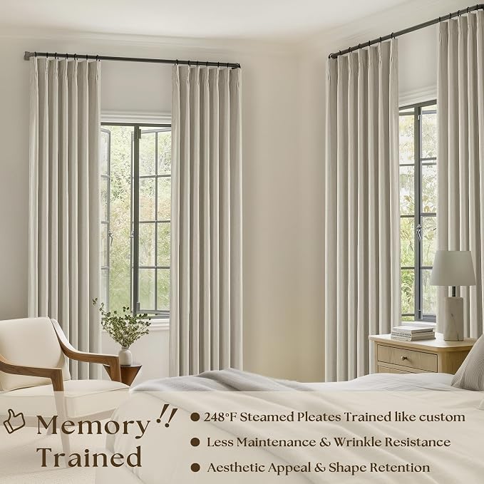 Oatmeal Beige 100% Blackout Pinch Pleated Linen 63 Inch Curtains - Image 2