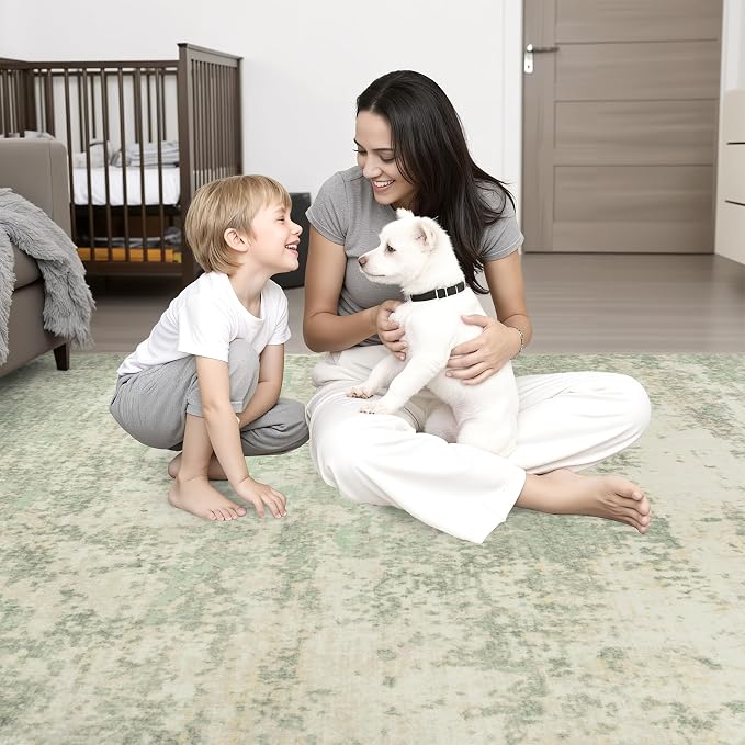 2.6x8 Washable Runner Rug：Modern Abstract Soft Carpet Green Cream | - Image 2