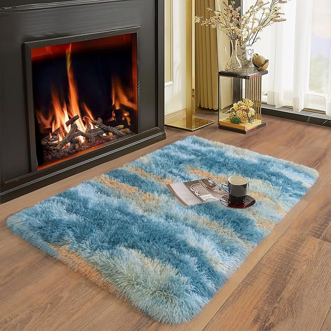 Soft Runner Rugs for Bedroom Hallways, 2x3 Abstract Blue Fluffy Shag Throw Area - Image 4