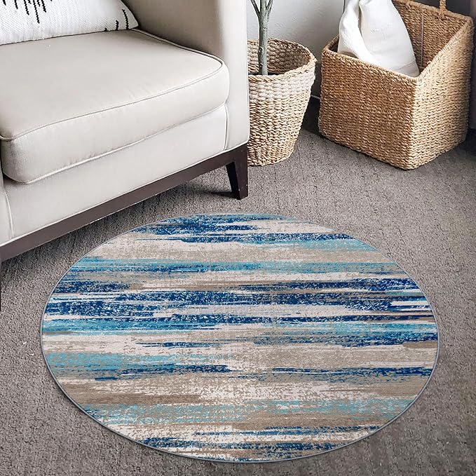 Lansny Modern Abstract Round Rug 3Ft, Circular Entryway Rugs Thin Print Faux - Image 2