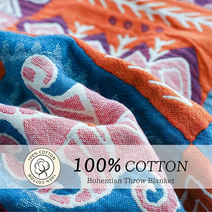 MSGKV Boho Throw Blanket 90''x98'' 100% Cotton Spring Blanket - Image 2