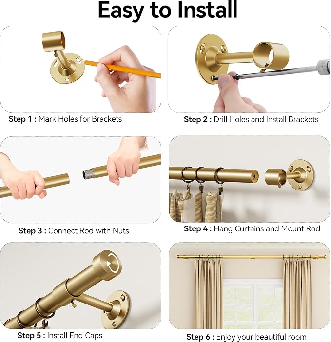 YaFex 2 Pack Heavy Duty Curtain Rods 32-90 Inch, 1 Inch Adjustable Gold Curtain - Image 8