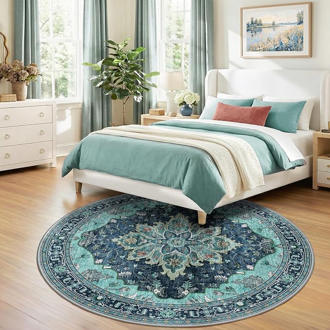 Area Rugs 7ft Washable Non-Slip, Floral Vintage Distress Print Pattern - Image 2