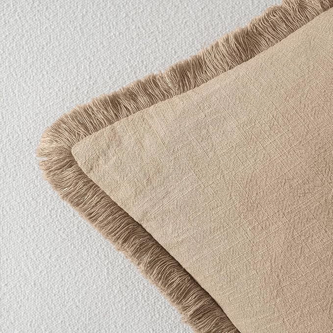MIULEE Boho Linen Fringe Decorative Euro Throw Pillow Covers Camel 22x22 | Set - Image 3