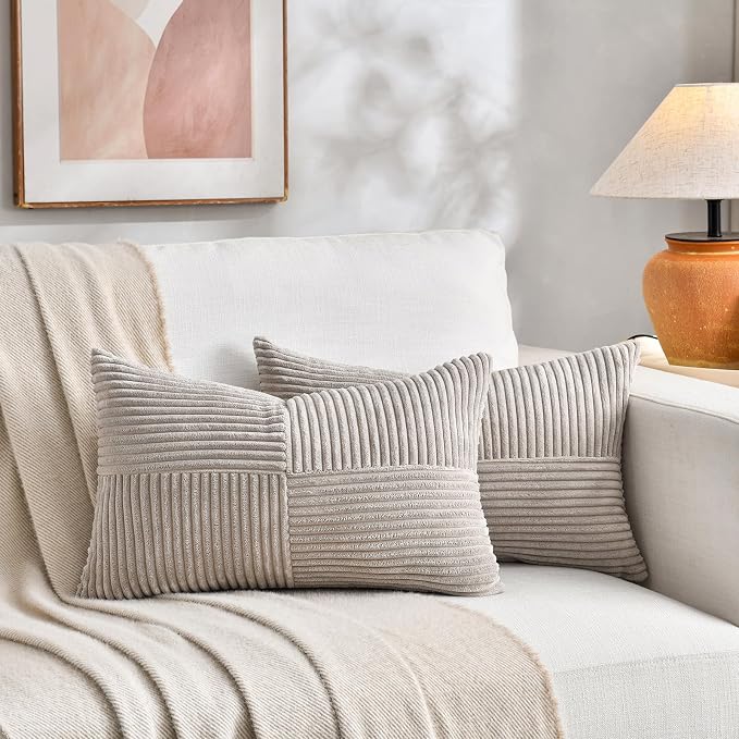 Fancy Homi 2 Packs Neutral Taupe Lumbar Decorative Throw Pillow Covers 16x26 - Image 5