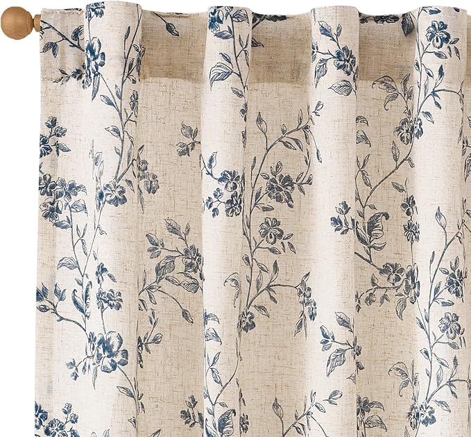 Lazzzy Blue Floral Linen Curtains 90 Inch Farmhouse Back Tab Drapes by Lazzzy