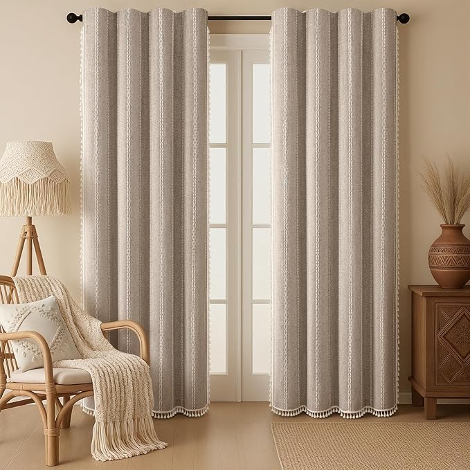 Boho Blackout Curtains 90 Inches Long Brown Linen Blend 2 Panels by Unknown