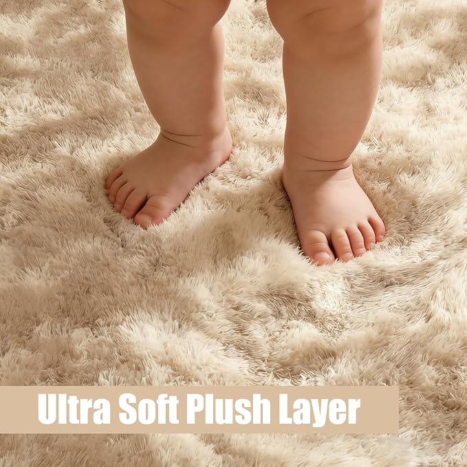 Tie-Dyed Beige Fluffy Round Rug, Soft Area Rugs - Image 2