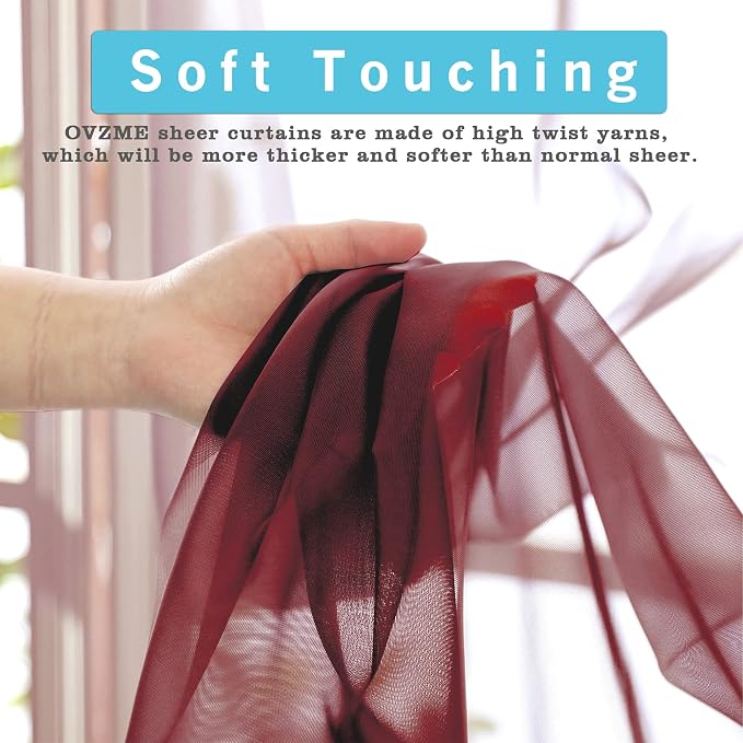 OVZME Burgundy Sheer Curtains 84 inch Length 2 Panels Set, Light Filtering - Image 3