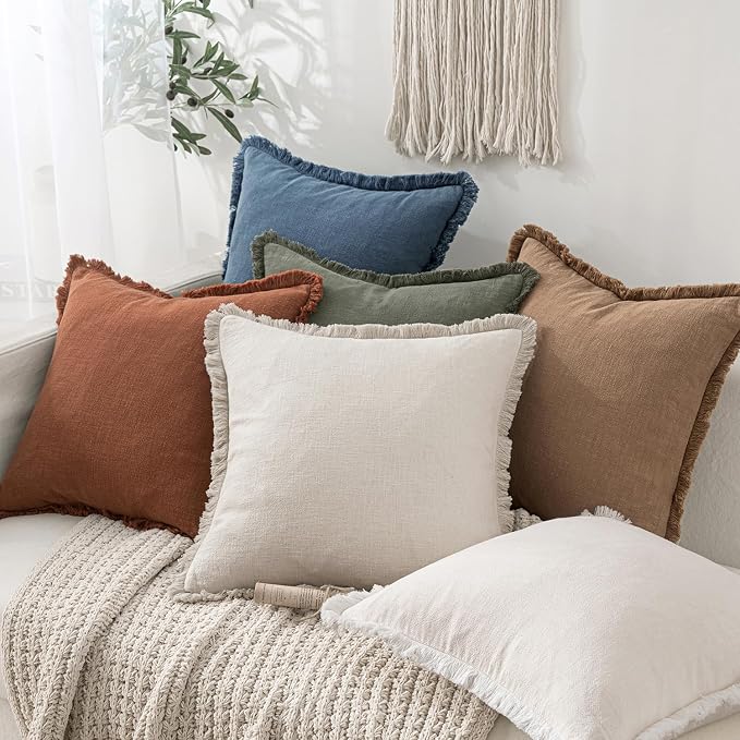 MIULEE Boho Linen Fringe Decorative Throw Pillow Covers Blue Ashes 18x18 | Set - Image 5