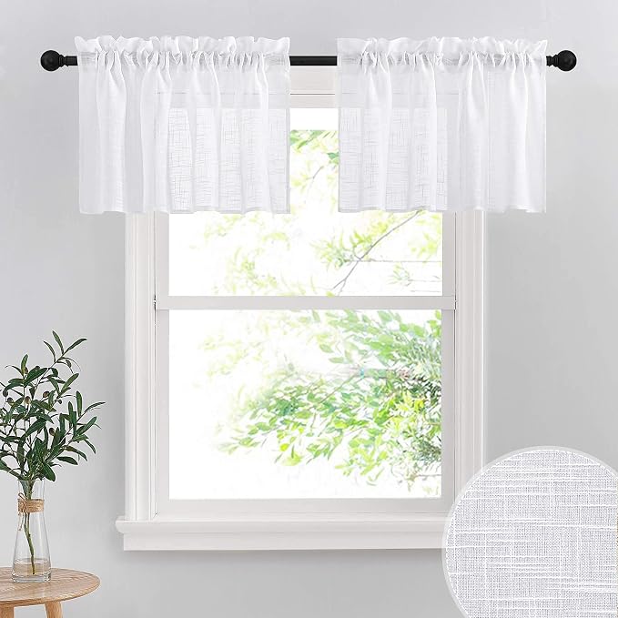 RYB HOME Linen Textured White Curtains Sheer Window Toppers Valances Semi-Sheer by RYBHOME
