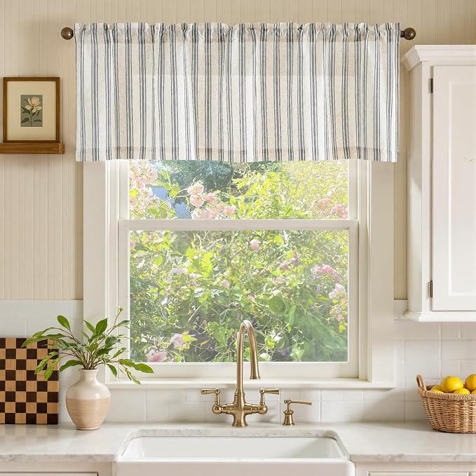 jinchan Striped Valance Farmhouse Window Treatment Linen Textured Drapes - Image 2