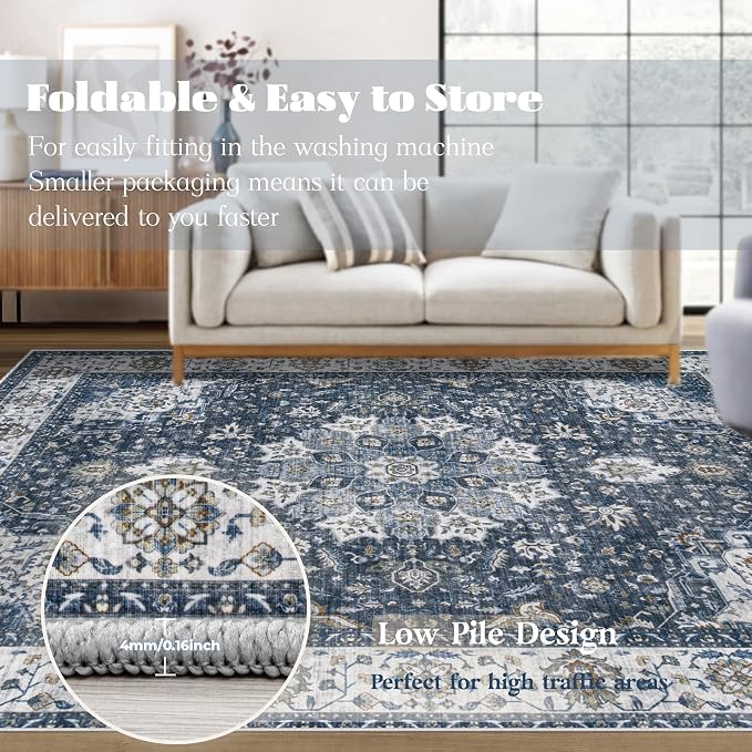 Area Rug 9x12 Washable Rug, Vintage Boho Medallion Rugs Non-Slip Soft Low Pile - Image 6