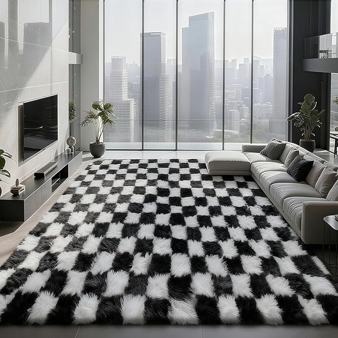 Checkered Area Rugs for Bedroom Living Room, 8x10 Black and White Fluffy Soft - Image 7