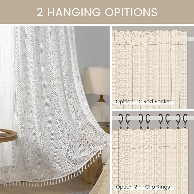 WAZZIO Boho Lace Curtains 45 Inches 2 Panel, Light Filtering Privacy Tassel & - Image 8