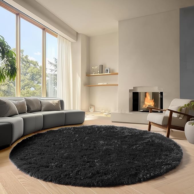 ONASAR Black Round Rugs 7ft for Living Room, Fluffy Bedroom Circle Area Rug by ONASAR