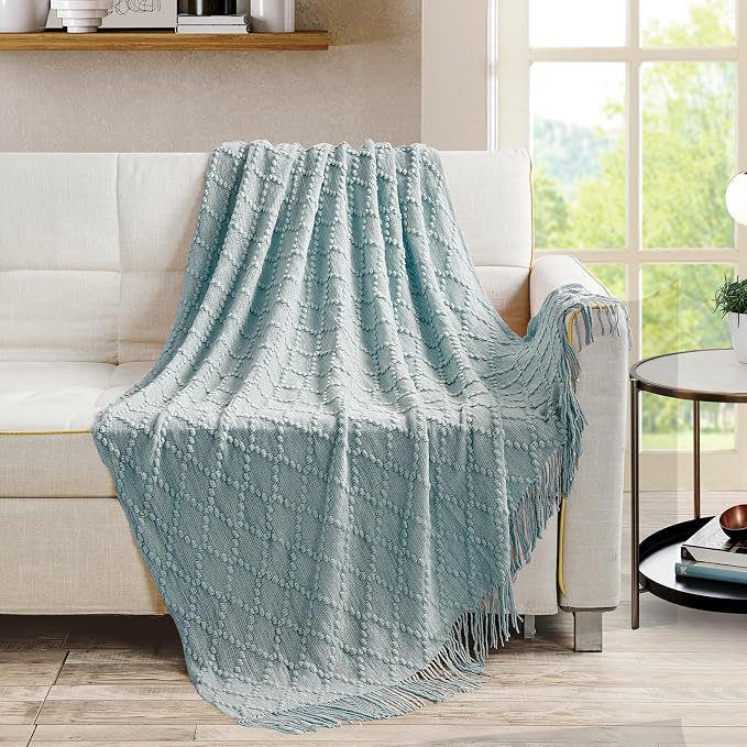 BOURINA Aqua Throw Blanket 50 x70 Inches Jacquard Argyle Throw Textured Solid - Image 2