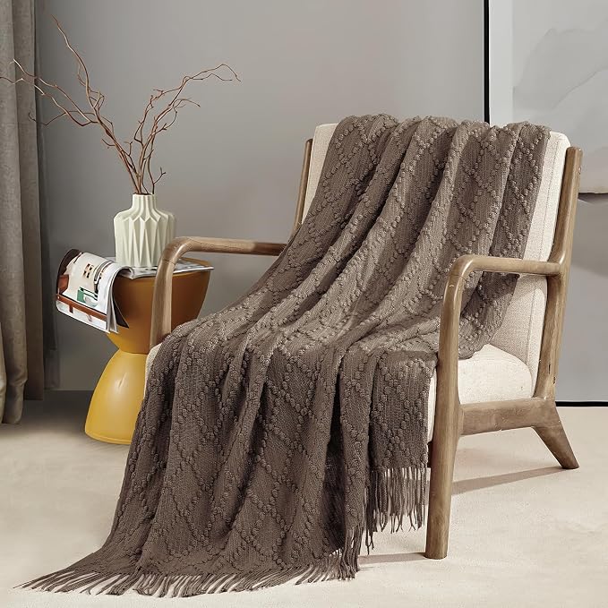 BOURINA Brown Throw Blanket 50 x70 Inches Jacquard Argyle Throw Textured Solid - Image 4