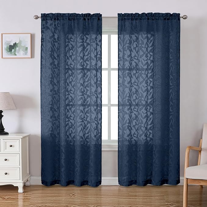 Lecloud Leia Navy Blue Sheer Curtains 72 Inches Long 2 Panels, Jacquard Leaf by Lecloud