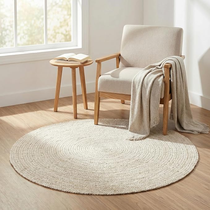 Hausattire Hand Woven Jute Braided Rug, 4’ Round – Off White, Reversible Boho - Image 7