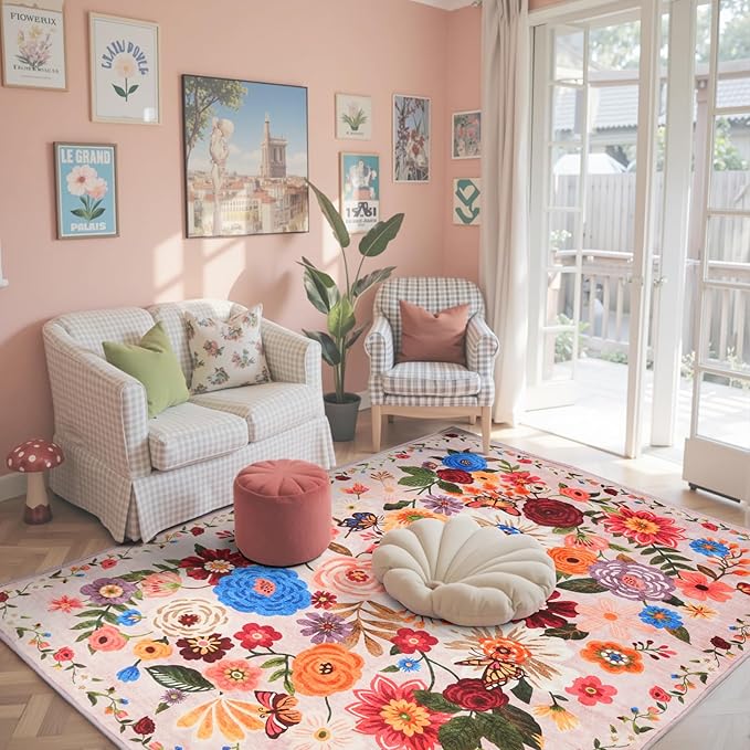 Pink Area Rug 4x6 Rug Washable Boho Rugs Non Slip Low Pile Floral Small Carpet by WelcometoBabovid