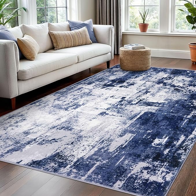 KOZYFLY Modern Abstract Area Rugs 5x7 Navy Blue Machine Washable Thin Rug by KOZYFLY
