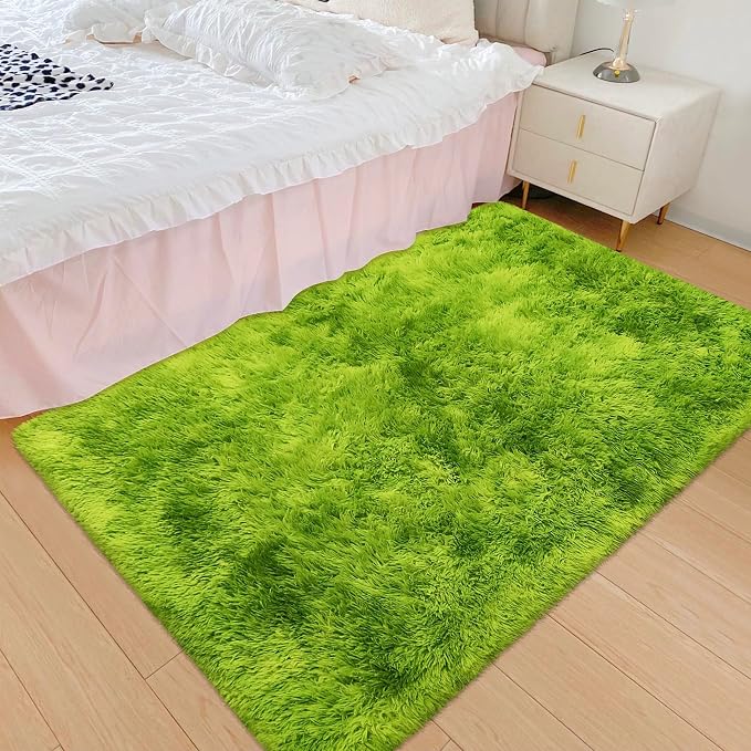 Small Tie-Dyed Area Rug for Bedroom 3x5 Mini Green Fluffy Rug Mat Bedside Throw - Image 4