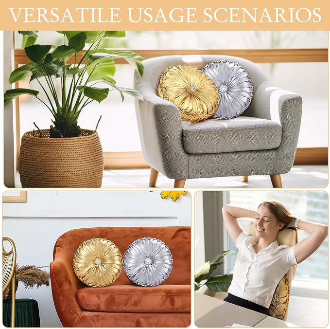 Kathfly Set of 4 Decorative Round Pleated Throw Pillows, Classy Velvet Pumpkin - Image 6