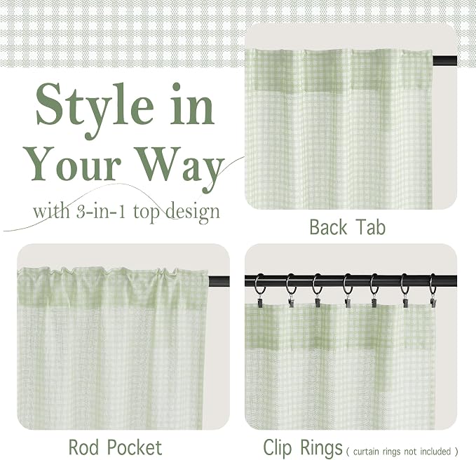 RYB HOME Gingham Cafe Curtains 24 inch Length, Linen Checkered Vintage - Image 2