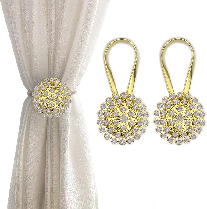 Magnetic Tiebacks for Curtains, 2 Pack Sparkling Crystal Flower Curtain by FOZUBOYO