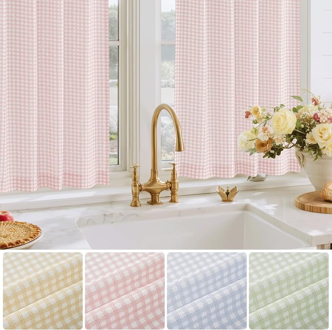 RYB HOME Checkered Kitchen Curtains 24 inch Length, Vintage Farmhouse Linen - Image 6