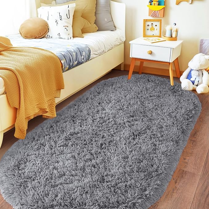 Pionblank Fluffy Oval Area Rug for Bedroom 3.3x6.2 Feet, Cute Plush Throw Rugs by PIONBLANK