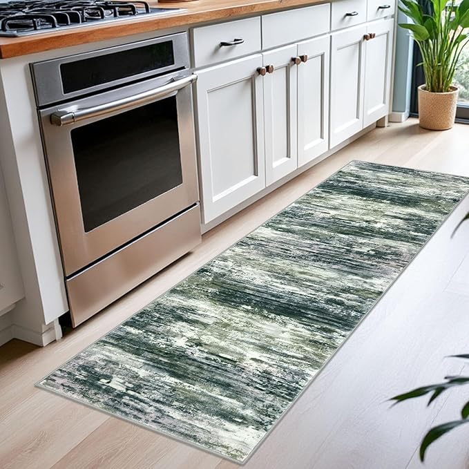 KOZYFLY Modern Abstract Runner Rugs 2x6 Green Yellow Machine Washable Area Rug - Image 3