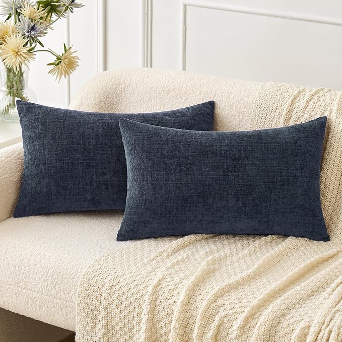 MIULEE Pack of 2 Couch Throw Pillow Covers 12x20 Inch Soft Navy Blue Chenille by MIULEE