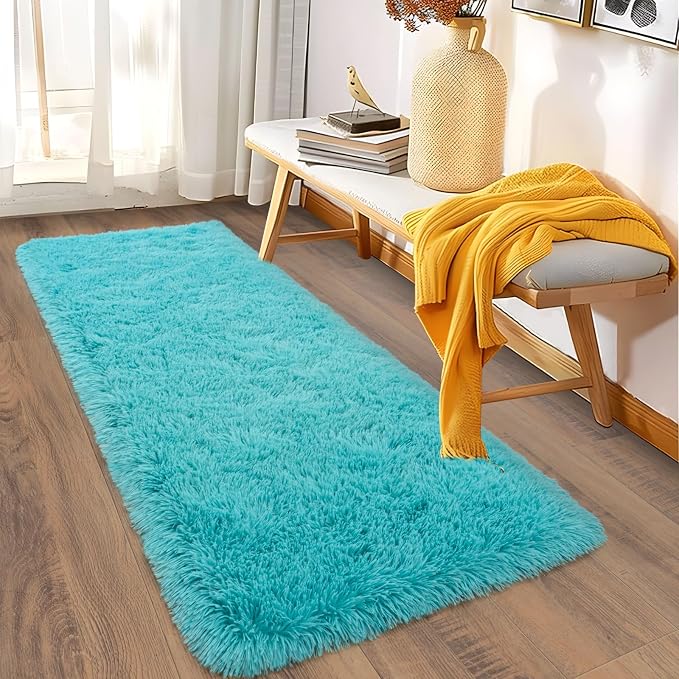 Soft Runner Rugs for Bedroom Hallways, 2x6 Teal Blue Fluffy Shag Throw Area Rug - Image 4