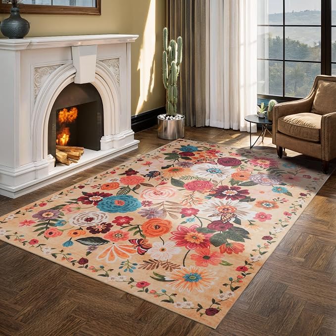 Floral Washable 6x9 Area Rugs, Soft Bedroom Rug by WelcometoBabovid