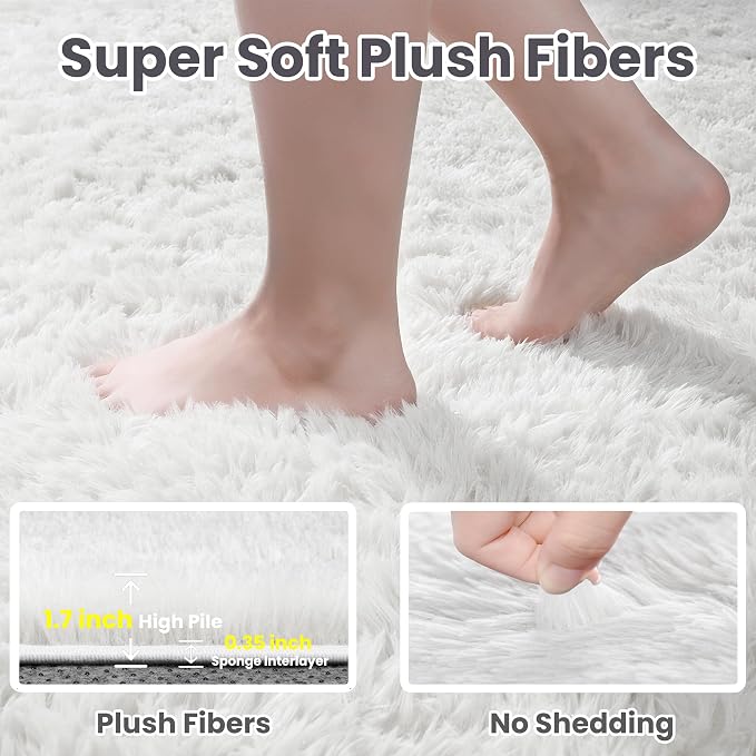 2x6 Bedside Area Rugs for Bedroom: Soft Fluffy Shag White Rug for Hallway - Image 8