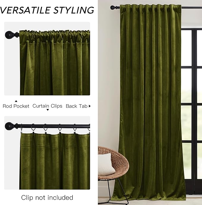 RYB HOME Moss Green Velvet Curtains 63 inches - Image 3