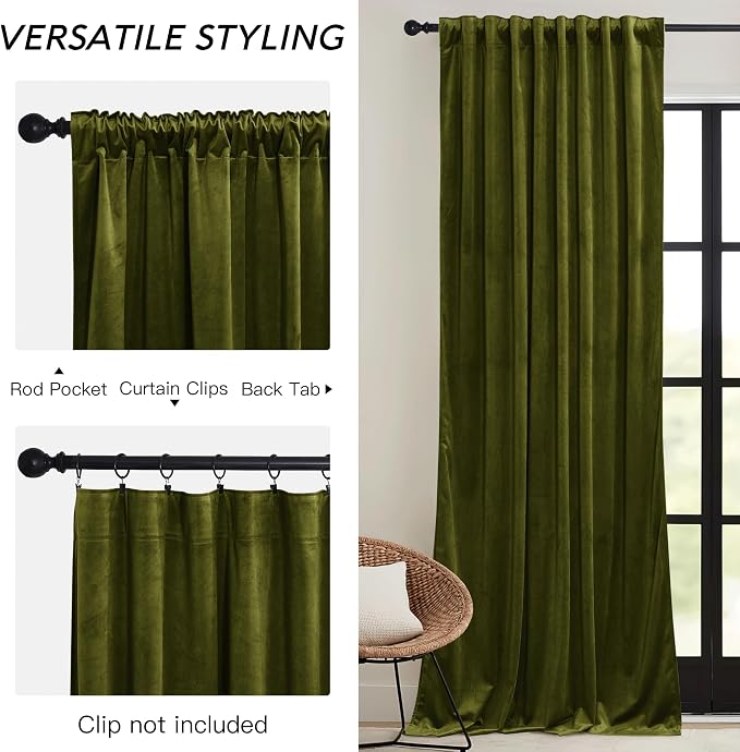 RYB HOME Moss Green Velvet Curtains 96 inches, Luxury and Soft Velvet Fabric - Image 3