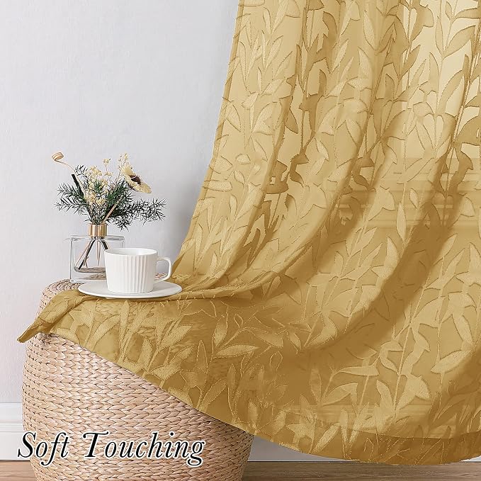 Lecloud Leia Dark Gold Sheer Curtains 72 Inches Long 2 Panels, Airy & - Image 3
