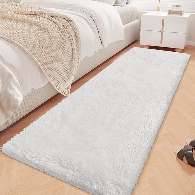 Runner Rug for Bedroom White 2x6ft Fluffy Area Rug Bedside Runner Rug for Kids by JiaoBaba