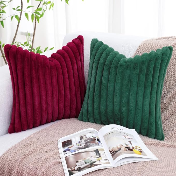decorUhome Fall Faux Fur Throw Pillow Covers 20x20 Set of 2 Christmas Green | - Image 6
