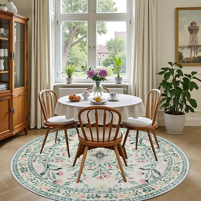 Round Area Rug for Living Room: 4 ft Floral Washable Circle Rug Soft Non-Slip - Image 4