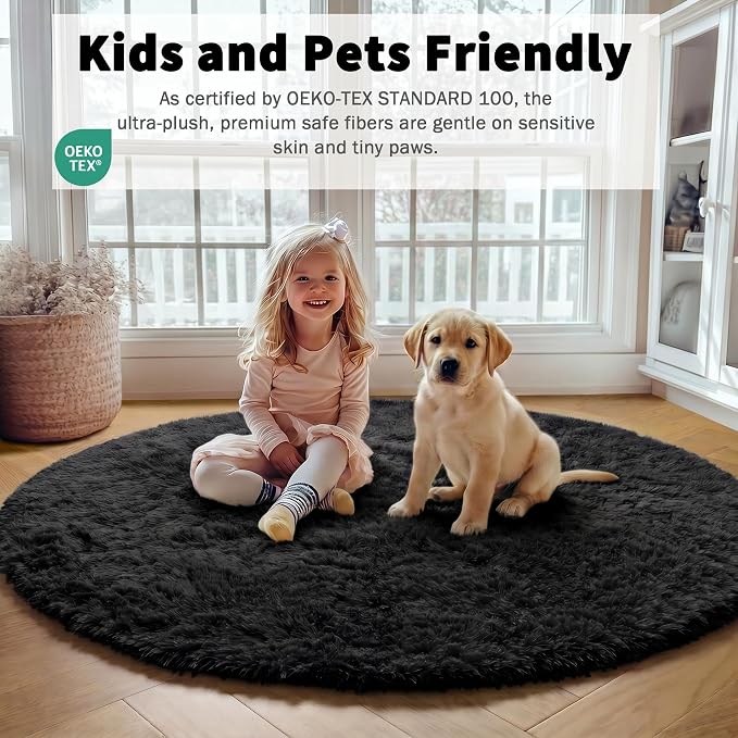 Black Round Rugs 8ft for Living Room, Fluffy Bedroom Circle Area Rug, Soft - Image 7