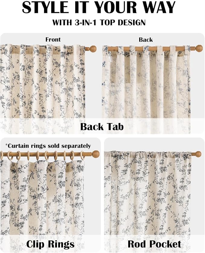 Lazzzy Farmhouse Linen Curtains Black Floral Curtains 63 Inch Length Back Tab - Image 5