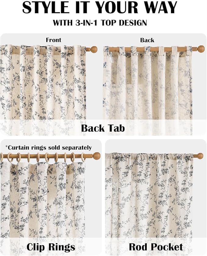 Lazzzy Black Floral Linen Curtains 84 Inch Farmhouse Back Tab Drapes - Image 4