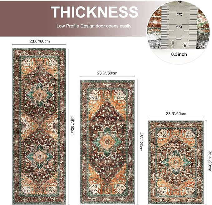 Yamaziot Washable Kitchen Runner Rug Set of 3, Non-Slip Boho Vintage Hallway - Image 2
